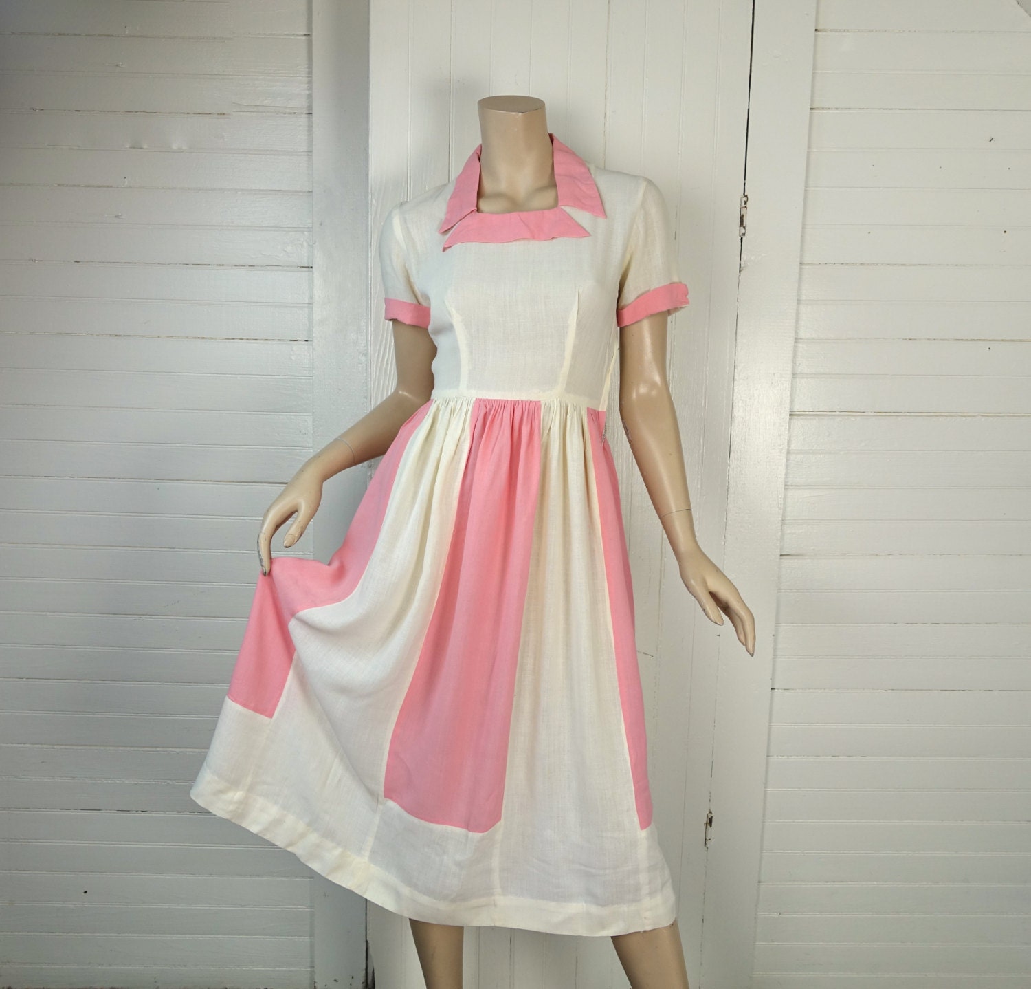 40s Dress in Pink & White Colorblock 1940s Waitress Uniform