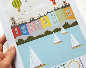Bristol Art Print, Bristol Illustration, Bristol Gift Ideas, Bristol Typographic Print, Hot Air Balloon, City Print, British Decor, Wall Art