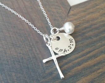 Bible Verse Necklace // Sterling Silver Cross Necklace // Confirmation Gift // Hand Stamped Jewelry // Personalized Cross Charm Necklace