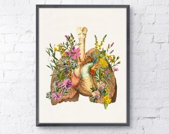 Lungs and heart with flowers Print wall art Doctors gift Human anatomy print Science student gift- Anatomy prints SKA099WA4