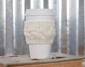 Cream Cable Knit Coffee Cozy w/Wood Button/ Tea Cozy/ Cup Cozy/ Coffee Cover/ Coffee Sleeve/ Latte Cozy