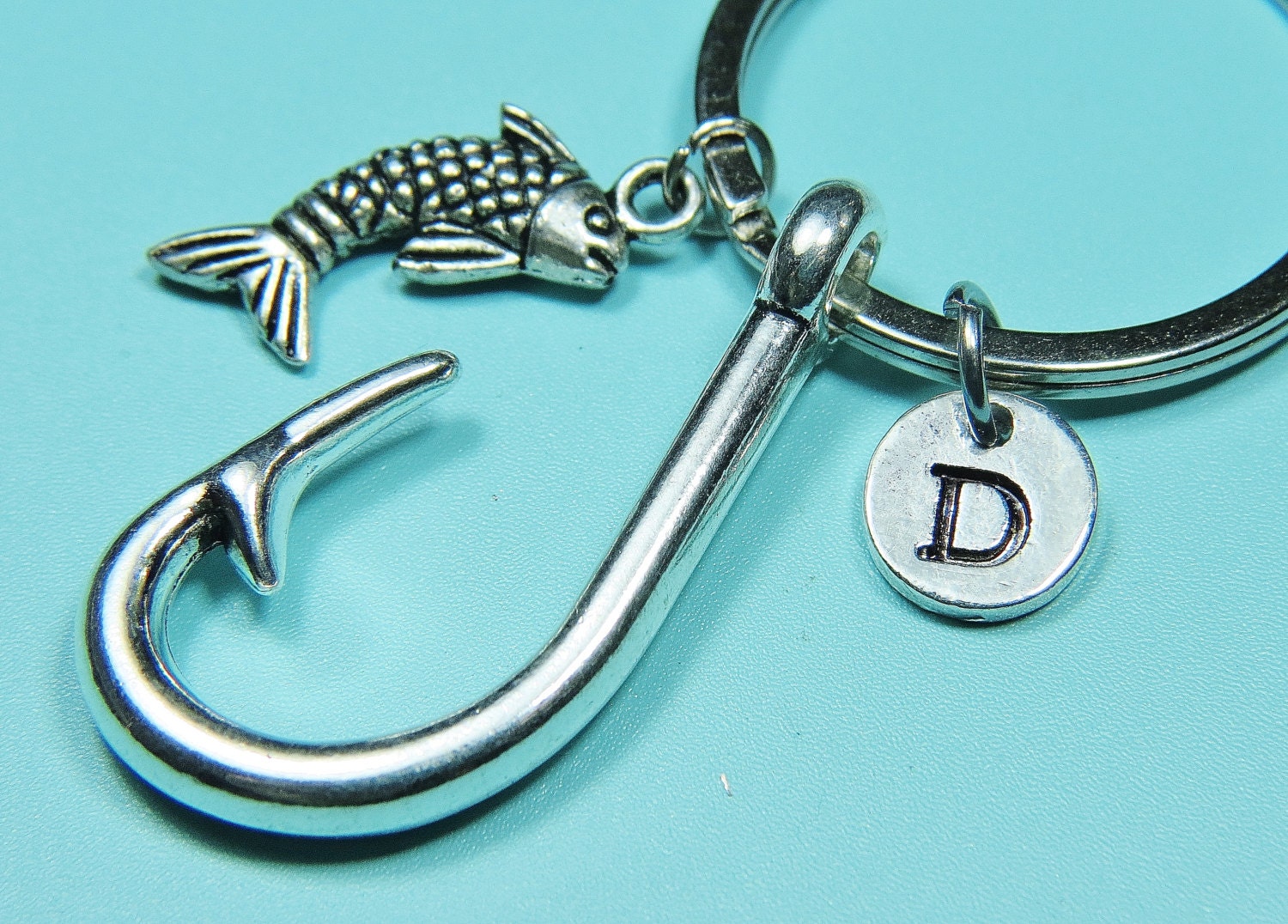fish hook keychain initial keychain silver by MiniaturebyNan