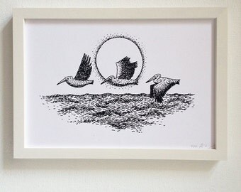 Limited Edition Silkscreen Illustration Print - Ocean Pelicans