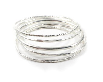 Mixed Set of 5 Sterling Silver Bracelet, Sterling Silver stacking bangle set,2.5" Hammered Bracelet+plain Bracelet+rounded,Boho,Handmade