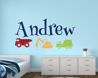 Truck Name Wall Decal - Personalized Name Wall Decal - Construction Trucks Wall Decal - Kids Room Decor Vinyl Wall Decal
