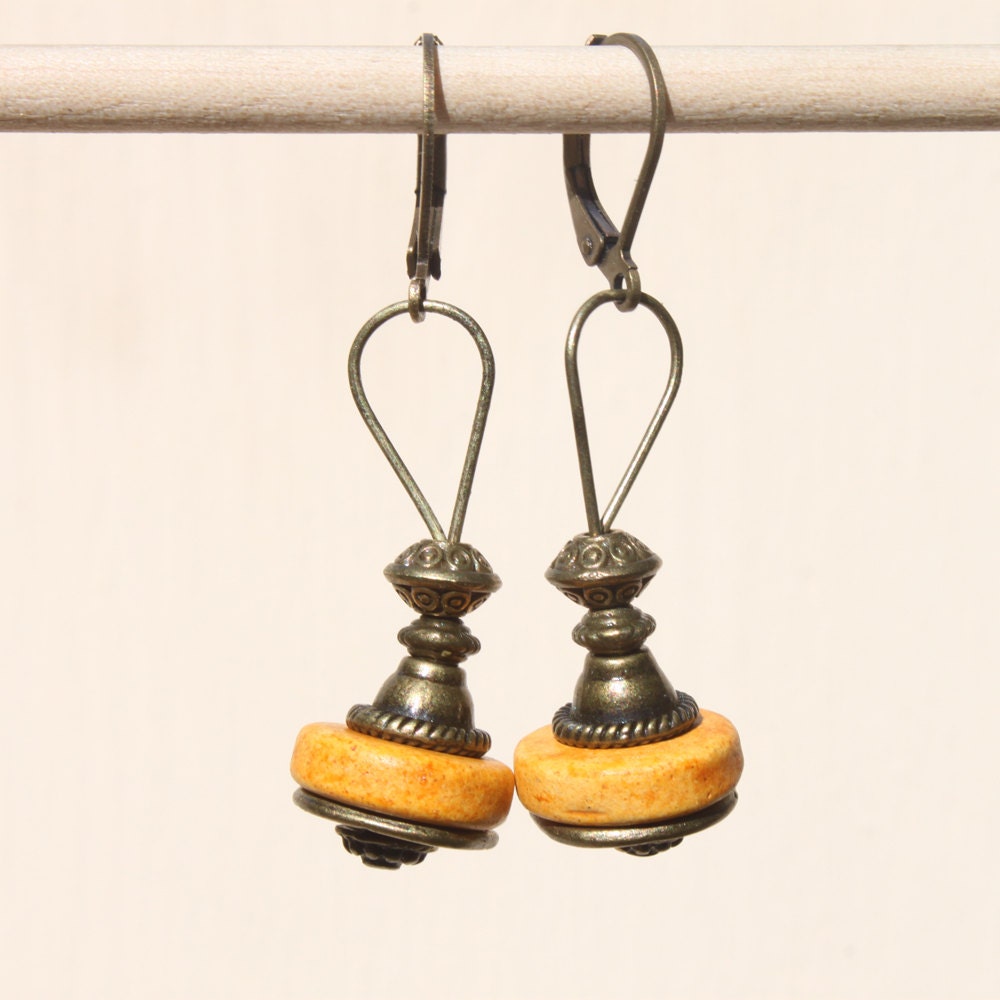 Mustard Yellow Earrings Greek Ceramic Earrings Dangle Drop
