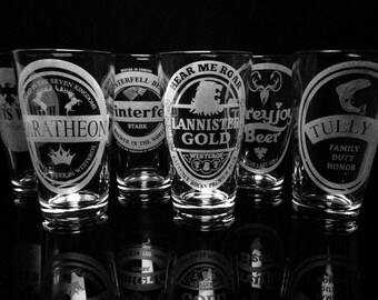 Choice of 4 Game of Thrones Pint Glass - Stark - Lannister - Baratheon - Targaryen - Greyjoy - Tully - Night's Watch - Baelish - Hodor