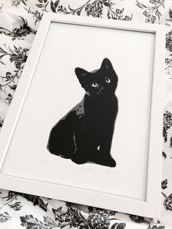 Little Black Cat original linocut print