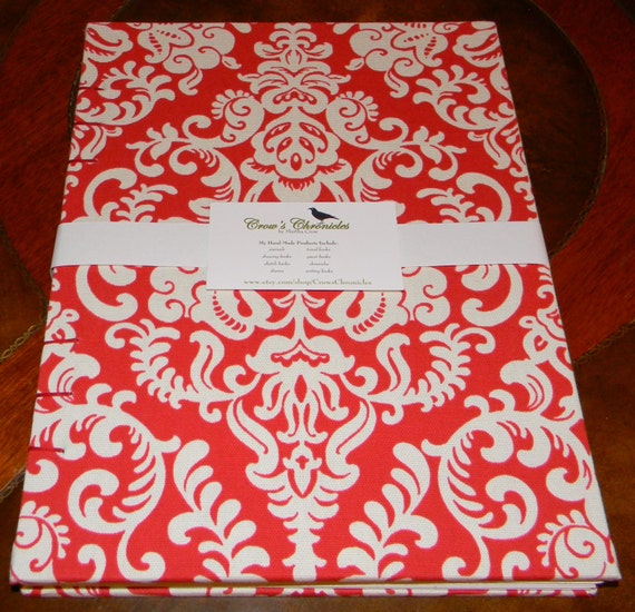 Extra Large Red and White Damask Print Fabric Hardcover Coptic