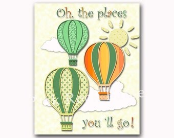 Hot air balloon nursery wall art baby boy room decor kids typography playroom words children artwork oh the places you 'll go green orange