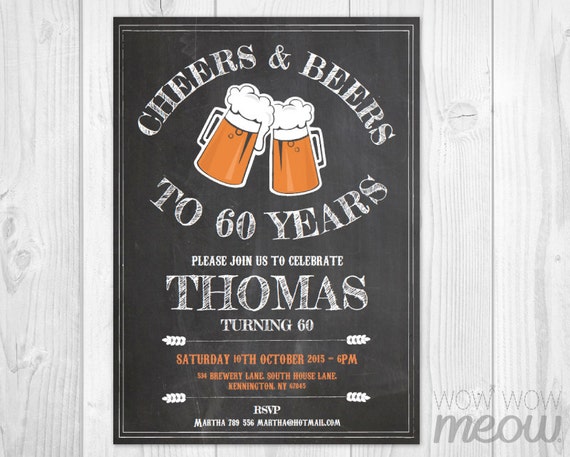 Cheers and Beers to 60 Years Invitation Chalk Board by wowwowmeow
