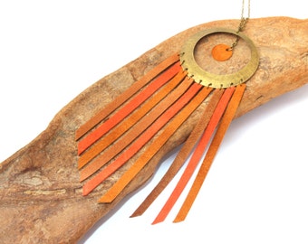 colored long necklace - "Nomade"- genuine leather fringe - natural brown - brass chain and ring -southwestern style -native american -ethnic