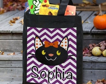 Black Cat Trick or Treat Bag, Halloween Bag, Personalized Trick or Treat Bag