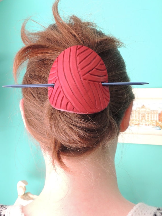Items similar to Ball of Yarn Leather Hair Bun Holder with Hair Stick