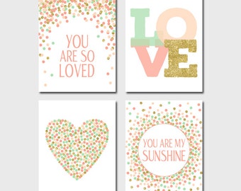 Set of Prints Nursery You Are So Loved Print You Are My Sunshine Digital Gold Coral Mint Baby Girl Nursery Decor Pink Prints Set Nursery Art