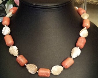 One strand coral and cut shell leaves necklace