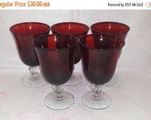 Vintage Ruby Red Goblets with Clear Ribbed Ball Stems Set of 5 * Ruby ...