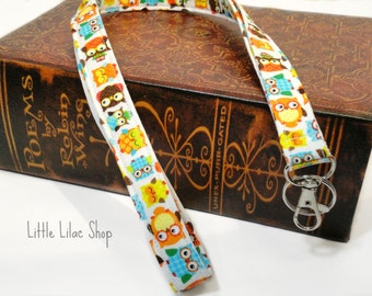 Owl Lanyard, Fabric Lanyard, ID Badge Holder, Key Holder, Key Fob, Swivel Lobster Claw, Teacher Gift, Lanyard With Owls