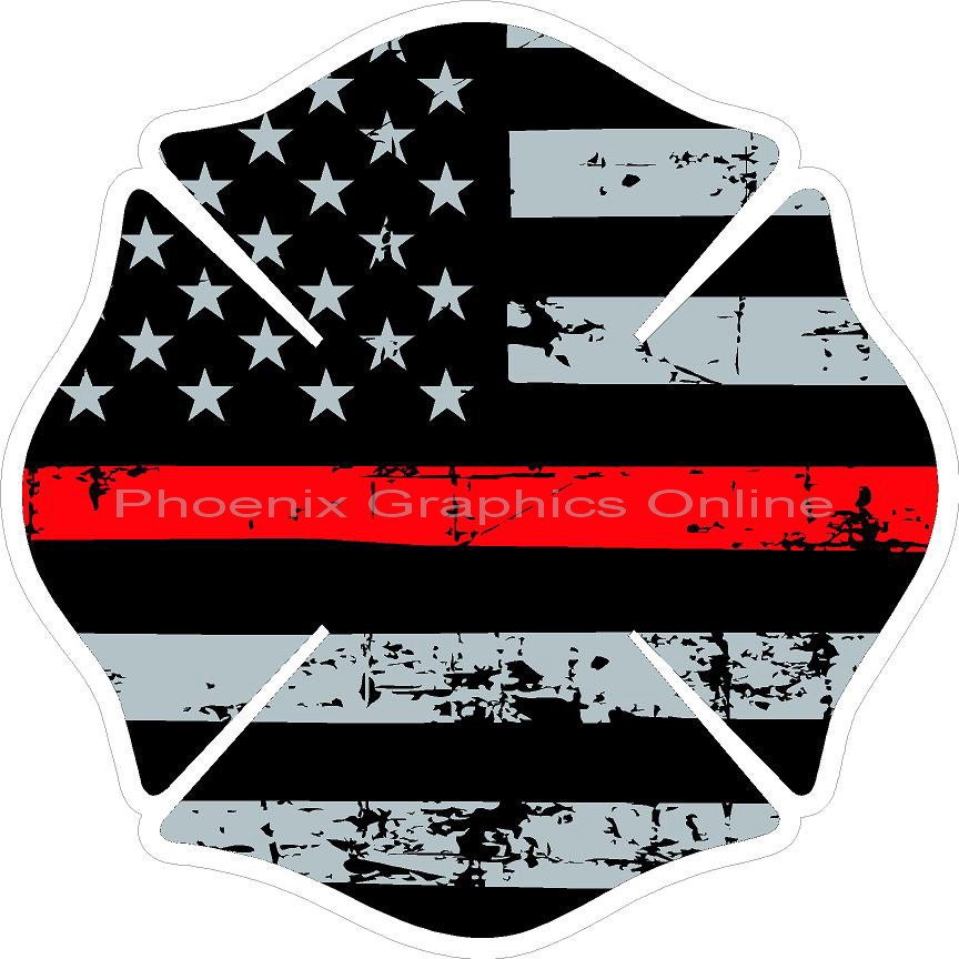 Thin Red Line Distressed Flag Maltese Cross Reflective Decal