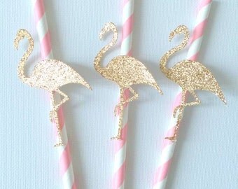 Pink and rose gold Flamingo paper straws - baby shower / birthday