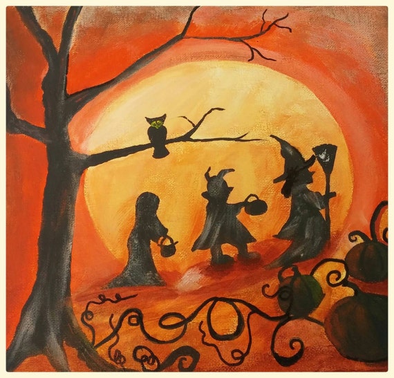  Fall  Halloween painting  so cute  with children marching in a