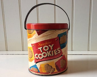 Sunshine Biscuits Toy Cookie Canister/Toy Cookie Tin/Sunshine Bisquit Inc./Bakers Antiques/Sunshine Cookie Canister/Toy Cookie Tin Canister