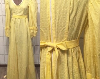60s/70s boho dress / hippie dress / flower child / lemon yellow with white polka dots and velvet trim