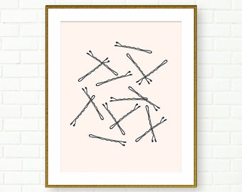 Vanity Wall Decor, Bobby Pin Print, Bathroom Art Print, Glam, Black Pink, Fashion Wall Art, Wardrobe Decor, Hand Drawn Illustration, Pastel