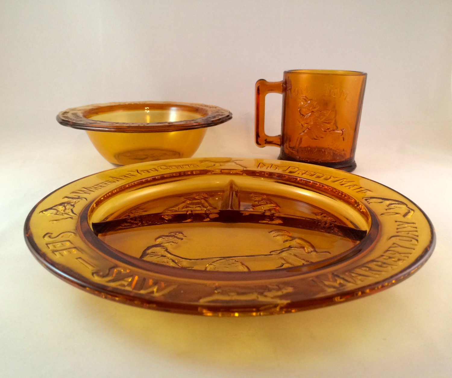 SALE Tiara Amber Glass Nursery Rhyme Dishes