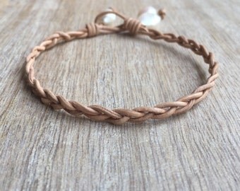 Natural Leather Pearl Anklet, Ankle Bracelet, Genuine Freshwater Pearl, Beach Anklet, Braided Anklet, Dangle Anklet, Hippie LA001010