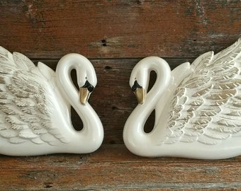 Vintage Chalkware Swans Wall Decor, Miller Studios Chalkware Swans Wall Plaques, Bathroom Decor