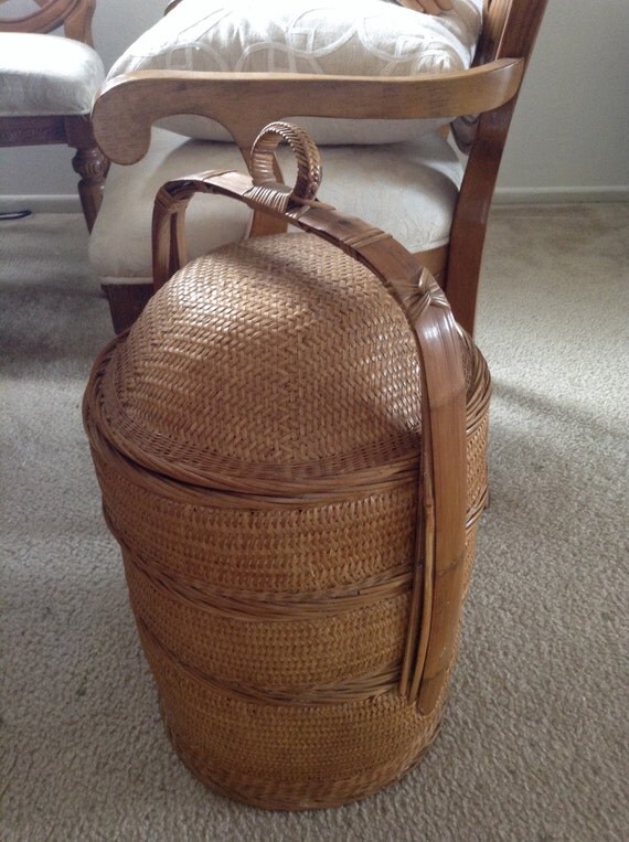 Vintage Chinese Wedding Stacking Basket 3 Tier Woven Wicker