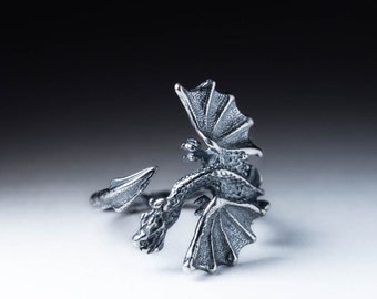 Dragon Ring, silver-plated brass, adjustable size, handmade