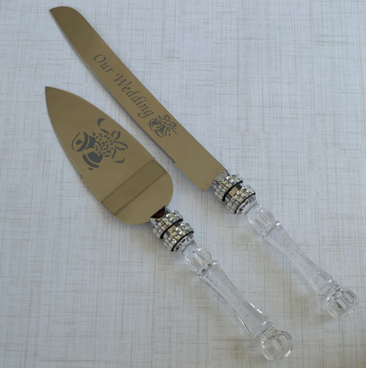 Unique Wedding Cake Serving Set Rhinestone Ribbon Victorian