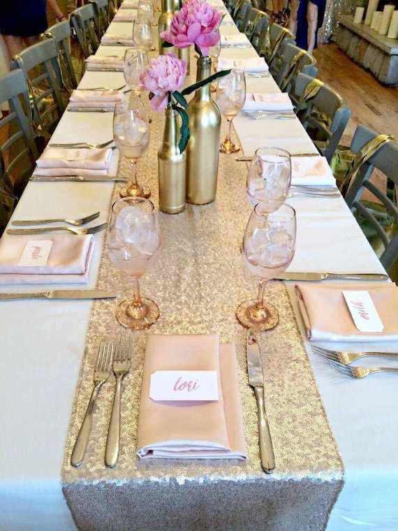 gold sequin table runner wedding table by BlissBridalWeddings