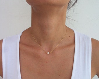 Single Pearl Necklace, Bridesmaid Gift, Dainty Pearl Necklace, Delicate Gold Necklace, White Pearl Necklace, Wedding Necklace Bridesmaid