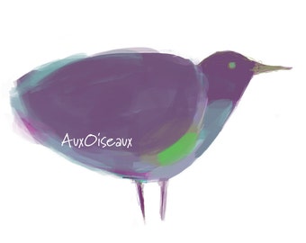 Oiseau mauve, turquoise, vert, dessin numérique original, impression de qualité, type giclée. Cadre non-inclus.