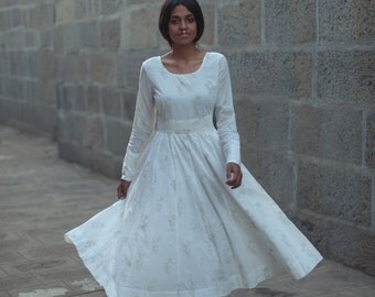White dress Anarkali Hand Block Print Cotton