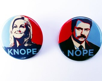Leslie Knope and Ron Swanson Badge Set - Magnets - Keyring - Parks and Recreation, Amy Poehler - Pin Back Badge
