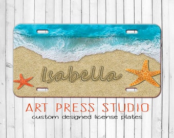 Your Name in the Sand License Plate, Personalized Car Tag, Personalized Licensed Plate