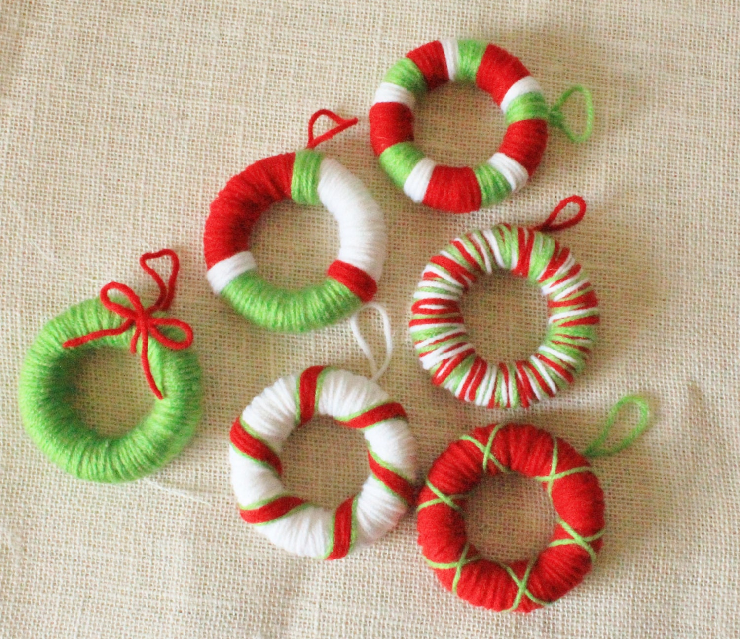 CLEARANCE Mini Christmas Wreaths Ornaments Set of 6 Yarn