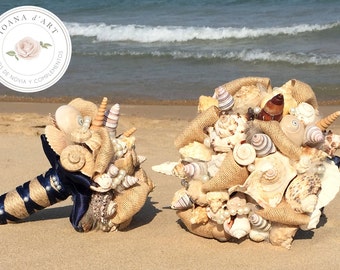 Beach wedding bridal bouquet, Sea shells bridal bouquet, navy blue bouquet, beach wedding bouquet, Beach bridal bouquet