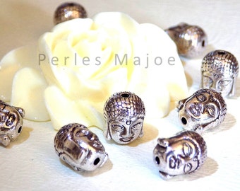 Lot de 10 perles tête de bouddha métal couleur argent antique dimensions 11x9x8 mm