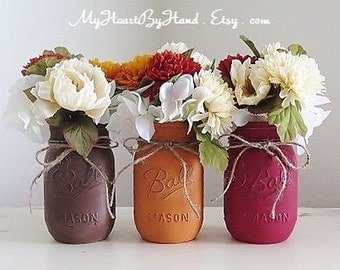 Painted and Distressed Mason Jars, Rustic Fall Centerpieces, Fall Wedding, Halloween and Thanksgiving Decor, Pumpkin Spice, Flower Vases