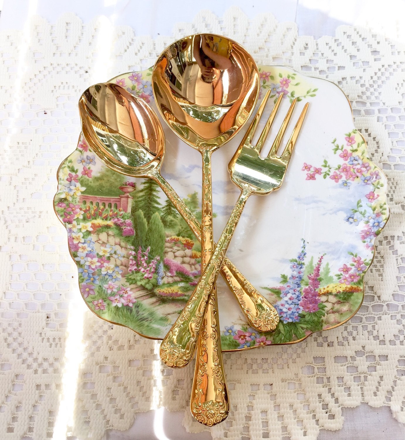 Vintage Gold Serving Utensils with Intricate Flower Pattern, Vintage