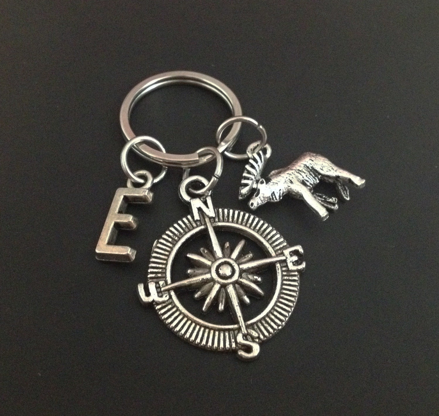 Compass keychain moose keychain personalized keychain