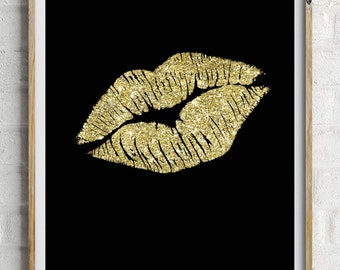 Gold Glitter Lips, Fashion art prints, Vanity wall decor, Printable art, INSTANT DOWNLOAD, Gold Glitter print, Lips print, Kiss print, Kiss
