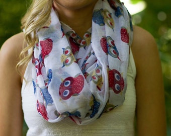 Owl Scarf, Owl Infinity Scarf, White Owl Scarf