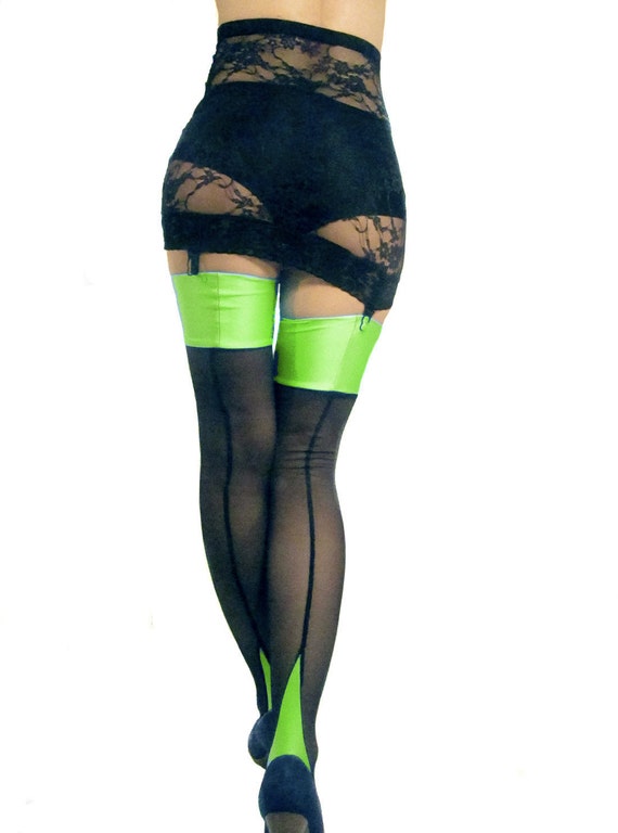 Seamed Cuban Heel Power Net Stockings Black Neon Green