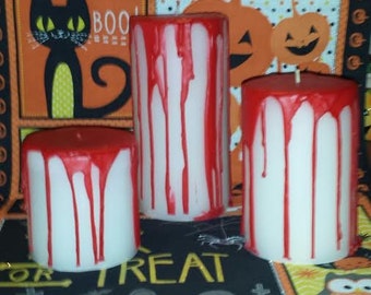 Bloody Pillar Candle Set, Bleeding Candle Set, Halloween Candle Set, Set of three Bloody Pillar Candles